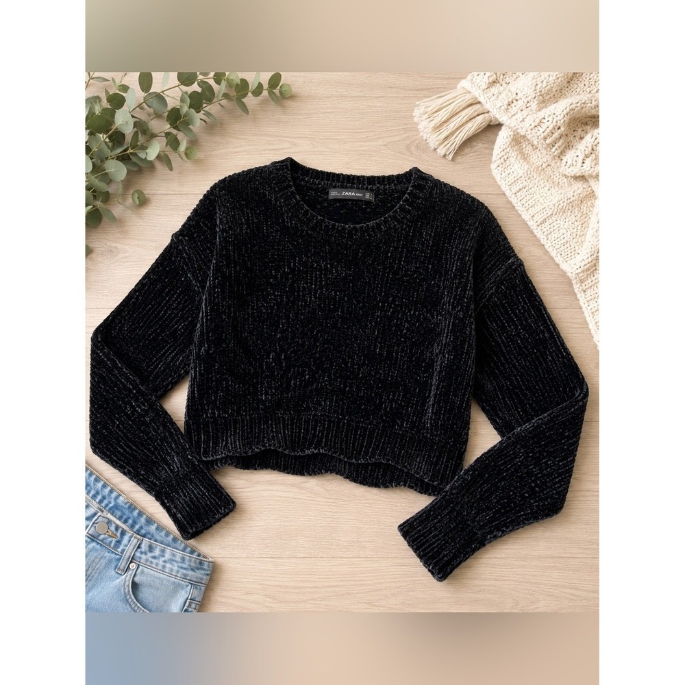 Zara Navy Plush Chenille Crewneck Sweater
